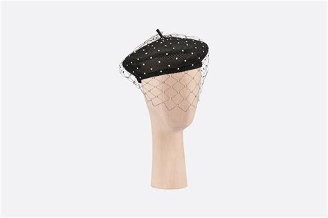 Dior Pearls Beret with Veil Black Technical Fabric and White 